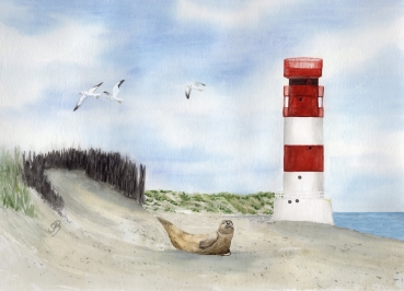 Poster DIN-A4  Aquarell Maritim Kunst Druck Kunstdruck Nordsee Insel Helgoland Robbe Seehund Leuchtturm Strand Düne